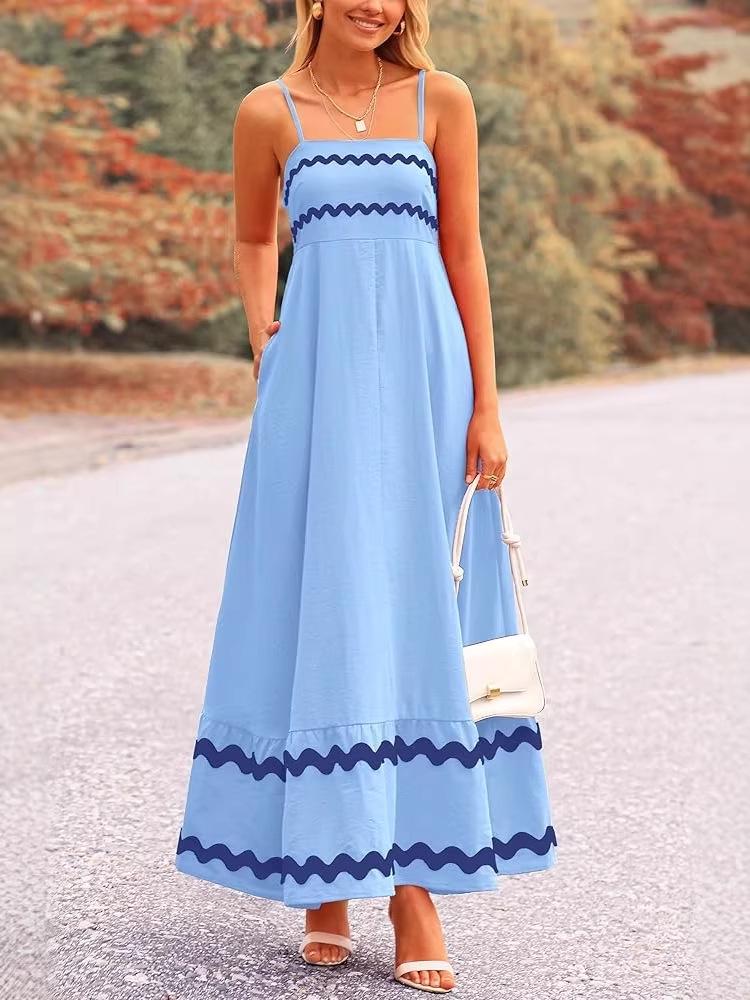 Damen Sommer Spitzen-Patchwork Spaghettiträger Maxikleid