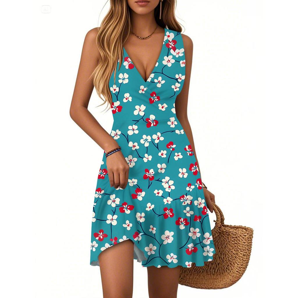 Women's Dress V-neck Sleeveless Casual Floral Print Hem Pleated Dress