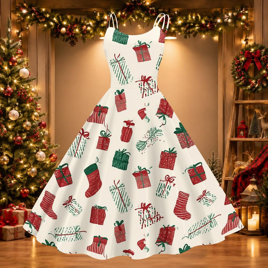 Women's Sexy Off-Shoulder Vintage Christmas Print Dress for Holiday Party