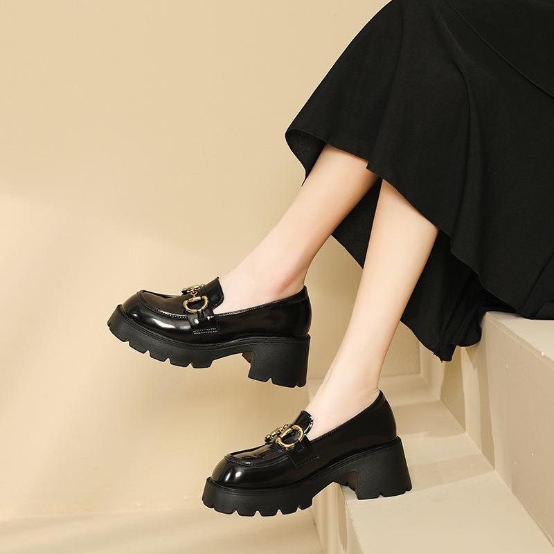 Small leather shoes women's spring new horse buckle platform leather women's shoes retro single shoes