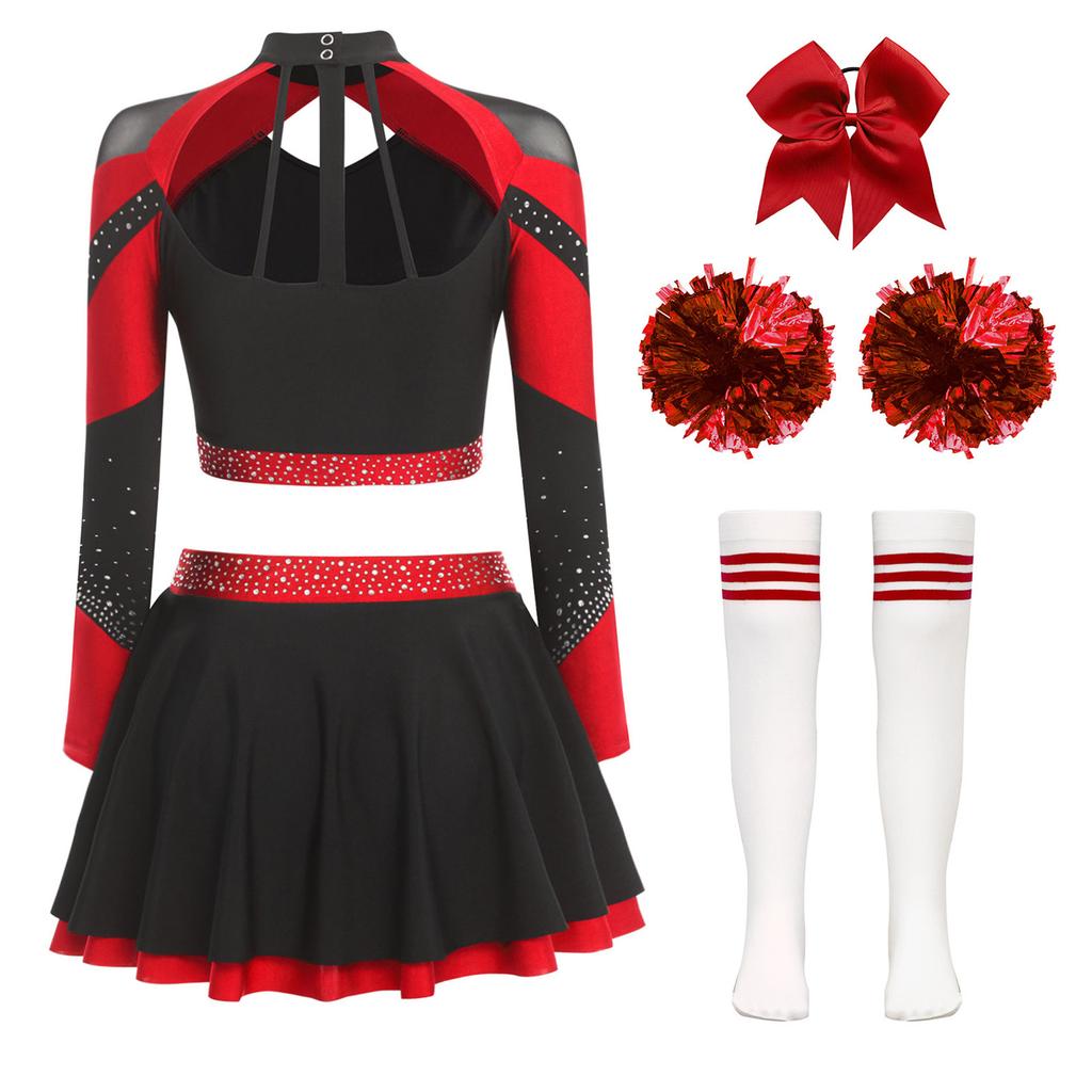 Uniforme Brillante da Cheerleading da Donna Manica Lunga Strass Crop Top Gonna da Pattinaggio