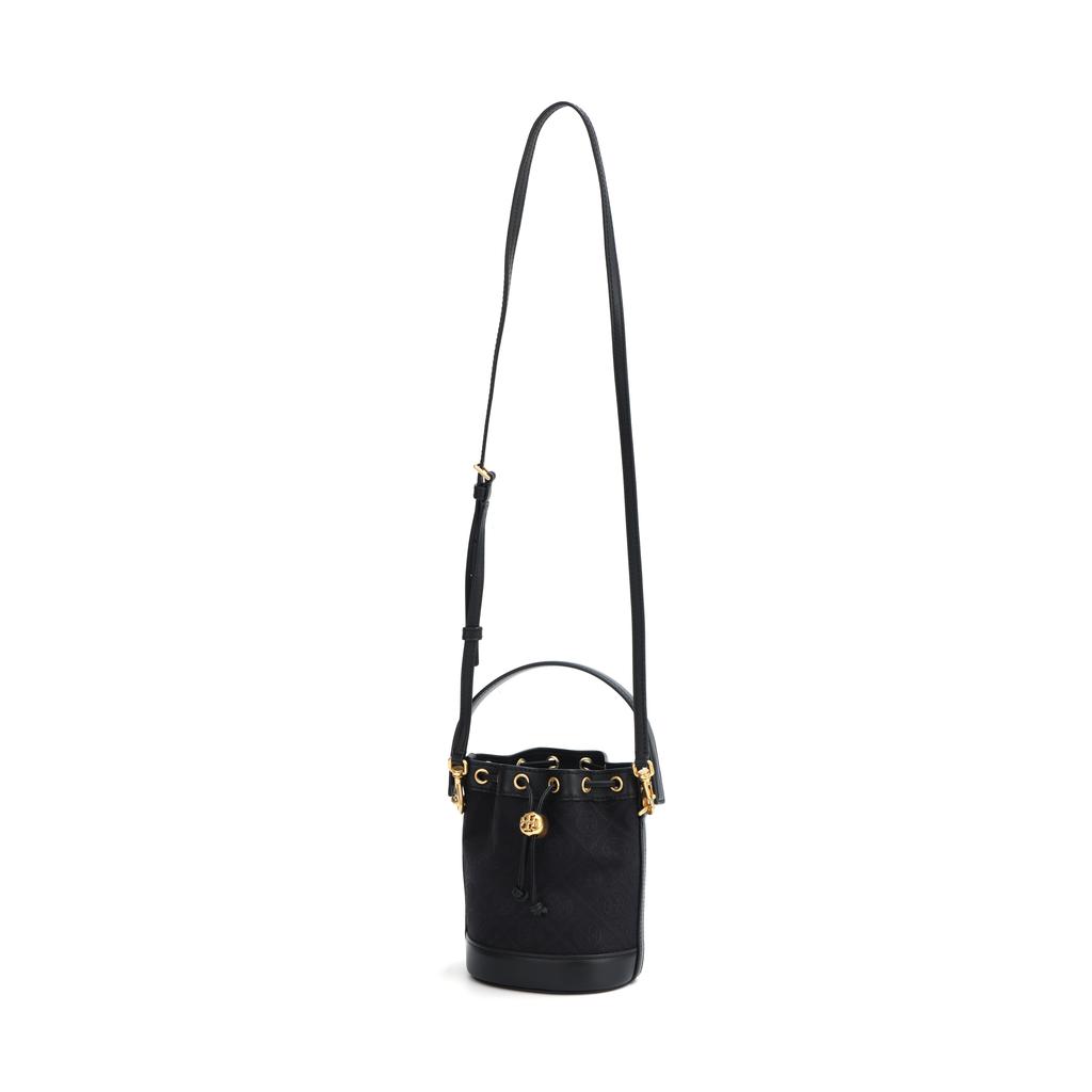 Tory Burch T Monogram All Over Print Drawstring Jacquard With Genuine Leather Trim Bucket Bag Women Handbags Black 152130-001