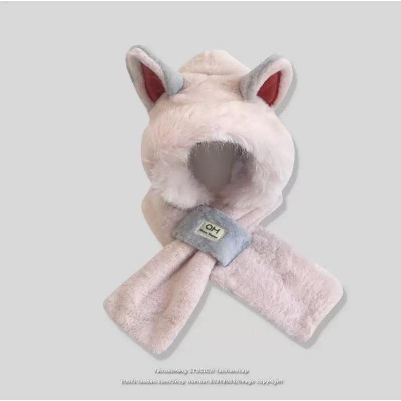 Plush hat scarf integrated women's autumn and winter cute warm ear protection scarf versatile fox ear hat
