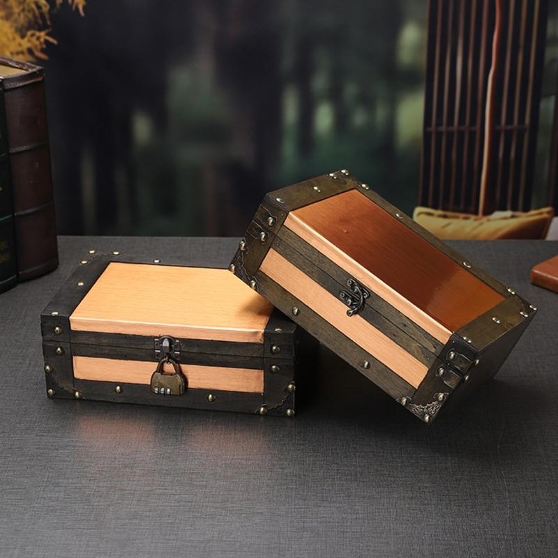 Vintage Wooden Keepsakes Chest with Lock Mechanism Antique Jewelry Storage Box Lockable Small Accessories Container