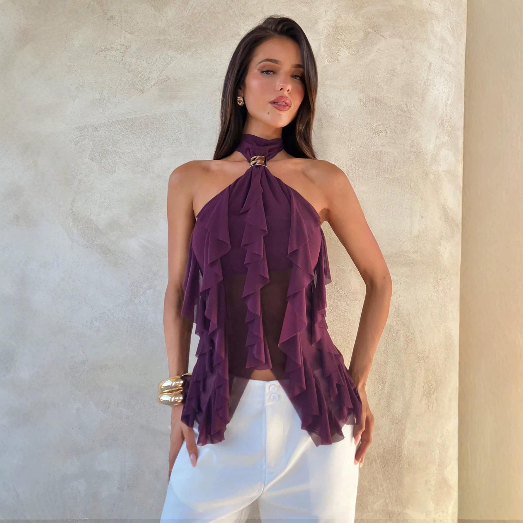 

2026 New Purple Hanging Neck Mesh With Ruffle Edge Sleeveless Off Shoulder Slightly Translucent Sexy Top L