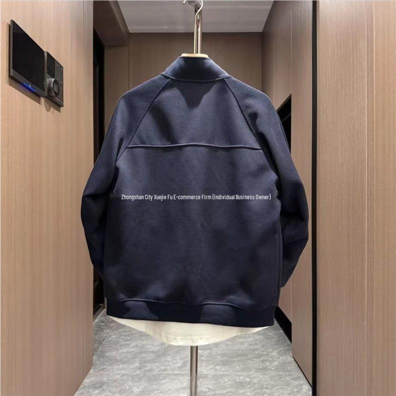 Men's Autumn Embroidered Textured Zipper Stand Collar Casual Cardigan Sweater