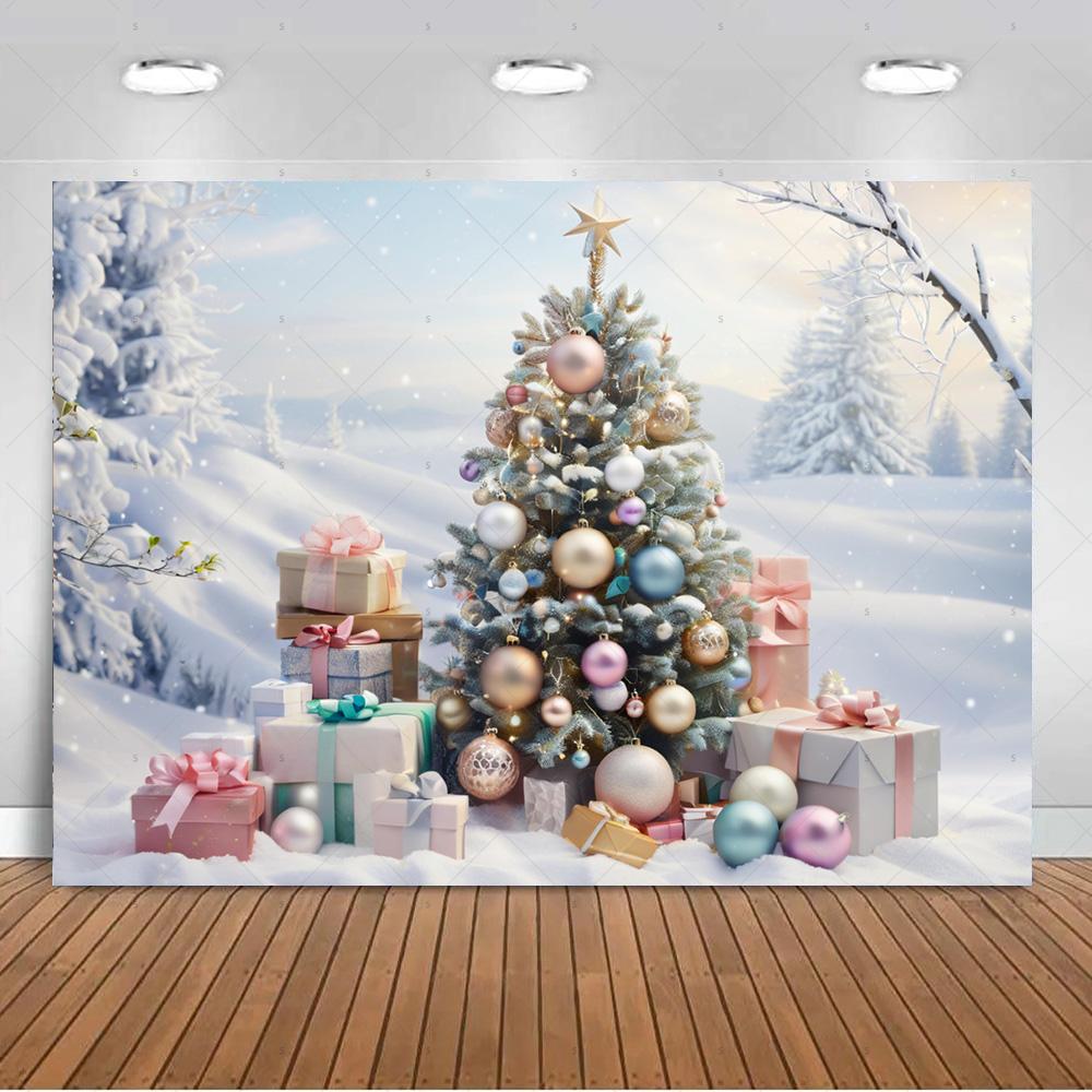 White Christmas Snow Scenery Background Xmas Tree Garland Gifts Photography Backdrop Family Xmas Party Decoration Photo Studio