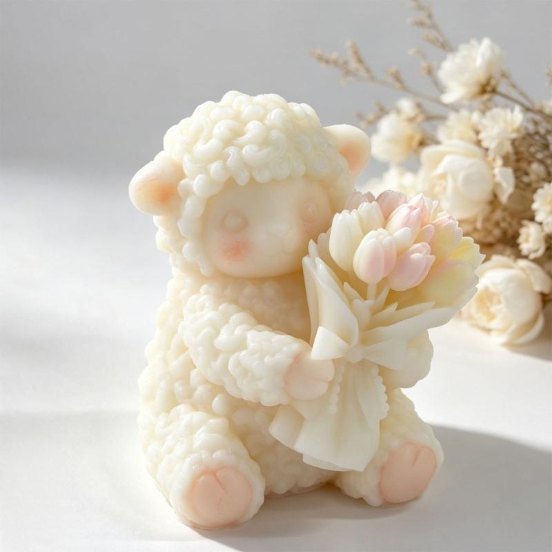 Flexible Sheep Craft Form for Candle Making, Featuring a Flower-Carrying Animal with Clear Wool and Flower Texture for Decorative Casting Projects