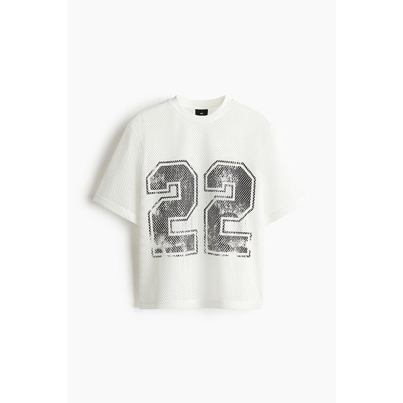 

HM Men s and Women s T-shirt 2025 Autumn New Arrival Loose American round Neck Print Mesh Short Sleeve Tops 1262374