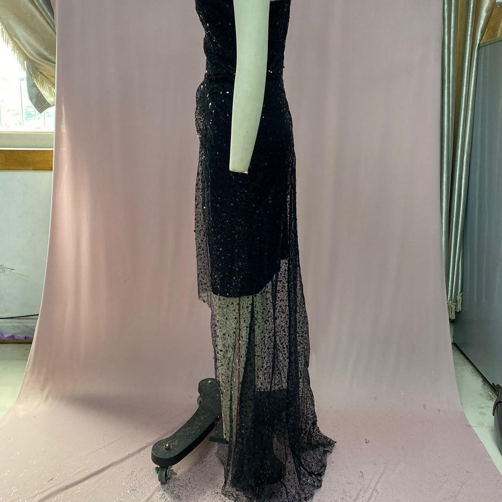 Women's Dreamy Aristocratic Party Dress Sexy High - Slit, Long - Sleeve, Sequined, Irregular Off - Shoulder Evening Gown