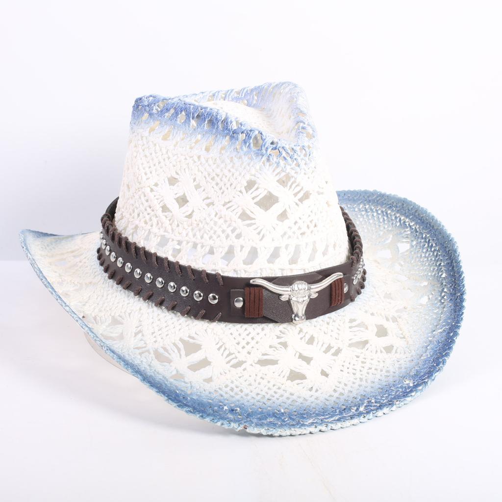 Popular European and American Fashion Hollow Woven Hat Straw Hat Men's and Women's Classic Outdoor Western Denim Straw Hat
