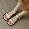 Minimalistische braune flache Sandalen | Quadratische Zehenpartie, zwei Riemen, Retro, lässiger Komfort