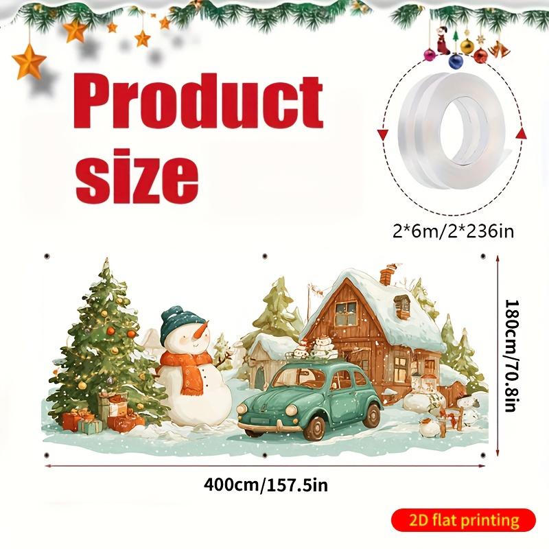 1pcs Winter Snowman and Retro Car 2D Flat Garage Door Background Banner - Snowy Houses Wreath and Gift Giving Snowman