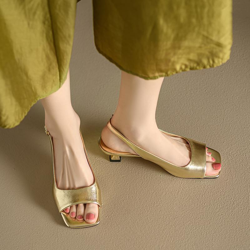 French simple temperament low heel silver sandals women's 2025 summer new square head thin heel cat heel empty Roman shoes women