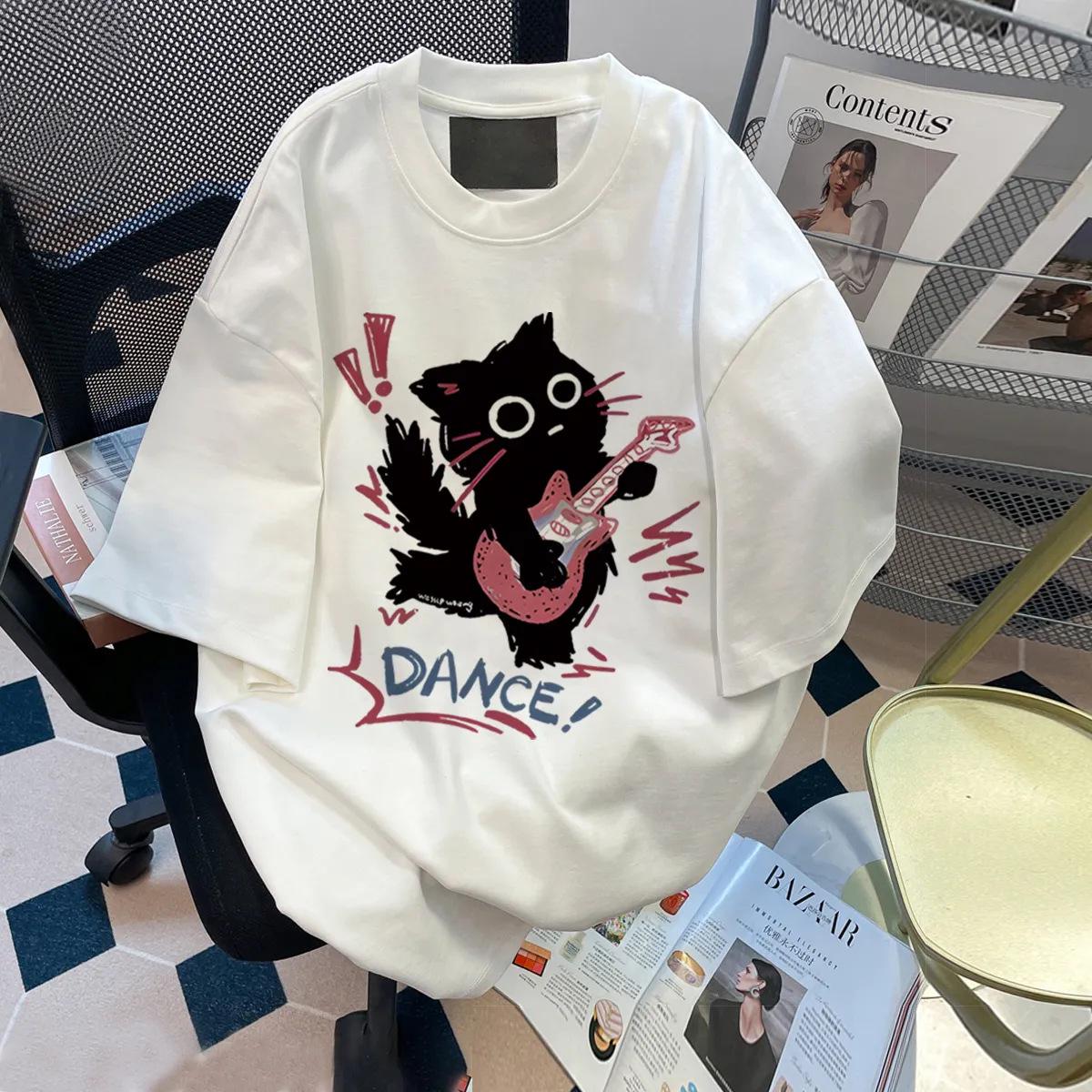 

2024 Мультяшная футболка оверсайз с принтом черного кота и гитары M (for under 100 jin)