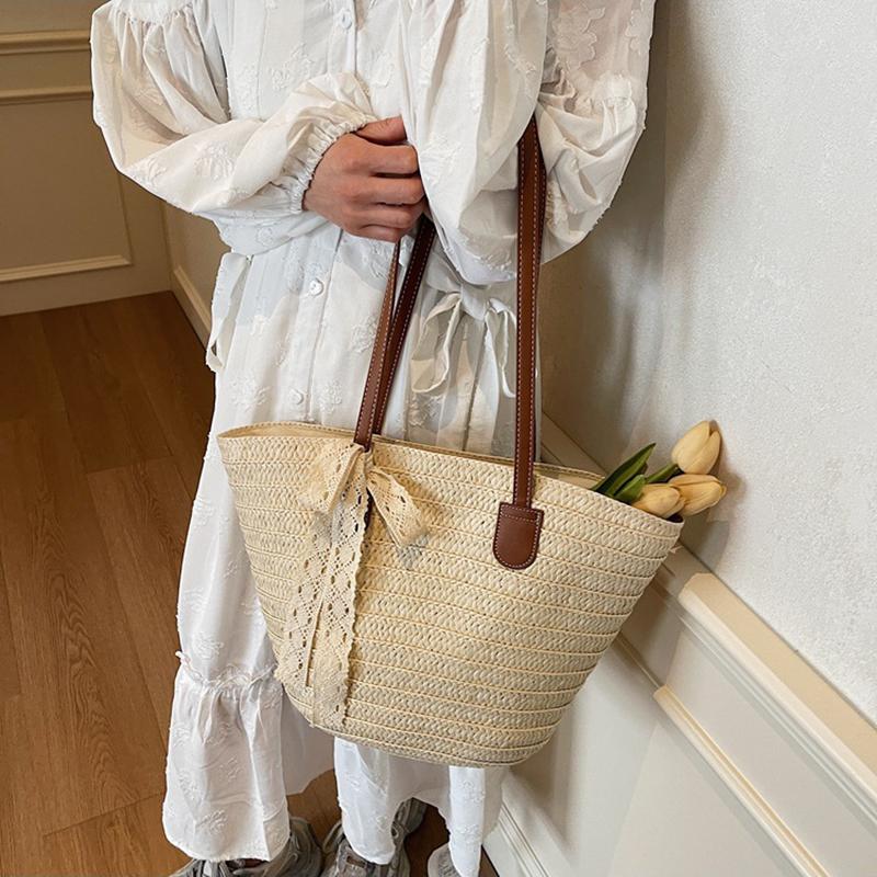 Women's Large Capacity New Vacation Beach Straw Shoulder Bag Woven Commuter Bucket Bag Basket Tote Bag
