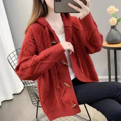 Autumn and Winter New Versatile Hooded Knitted Sweater Jacket Women's Rhombus Loose Horn Buckle Twist Hat Cardigan