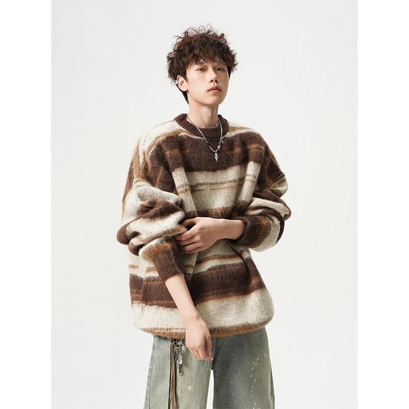 Loose Fit Striped Crew Neck Long Sleeve Couple Sweater For Men Women