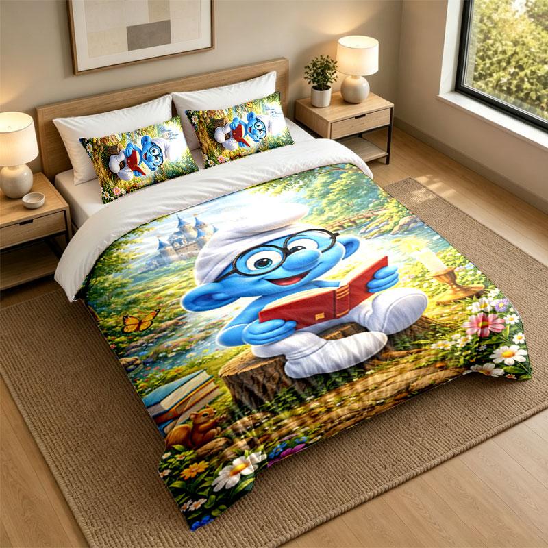 3Pcs Bedding SetSmurfs Cute Soft Bed Sheet and Two Pillowcases Home Bedroom Decor