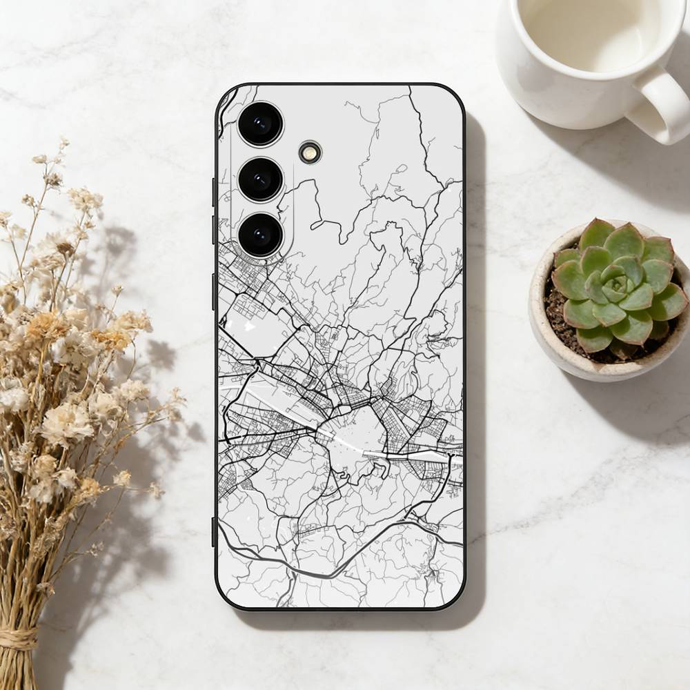 Famous City Sketch City Map Phone Case For Samsung Galaxy A73,A72,A71,A70,A53,A52,A51,Soft Silicone Black Cover
