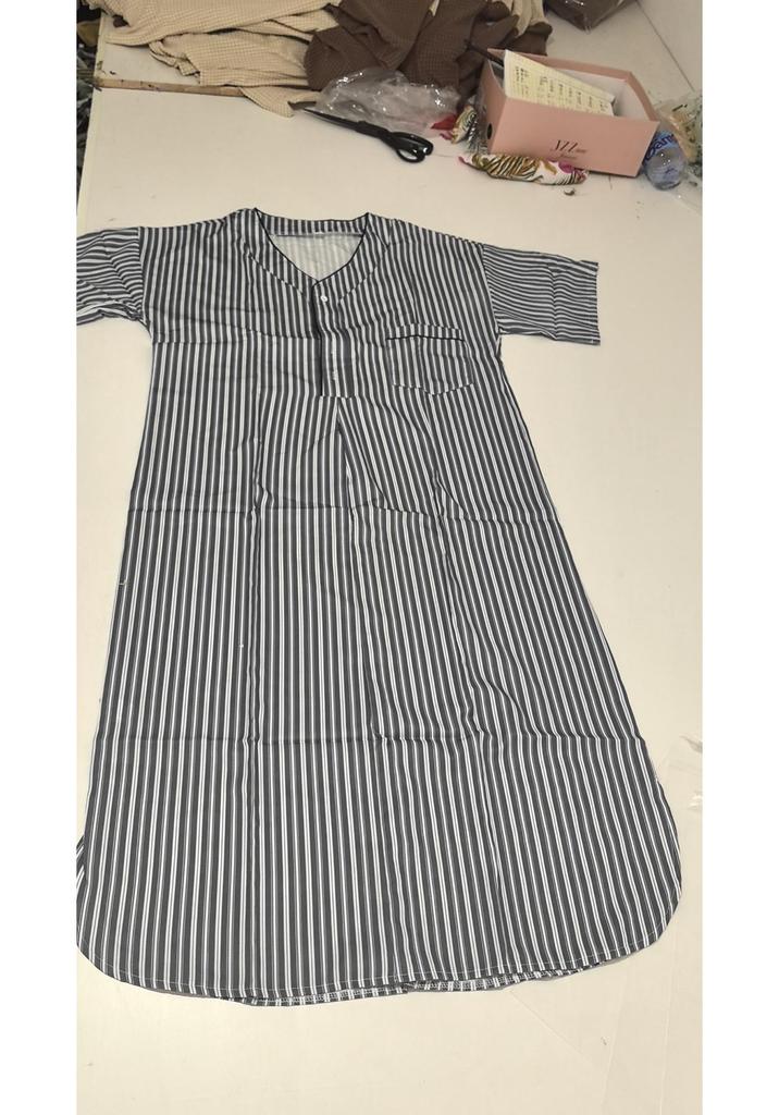 Men's Thin Striped V-Neck Button-Down Short-Sleeve Sleep Dress