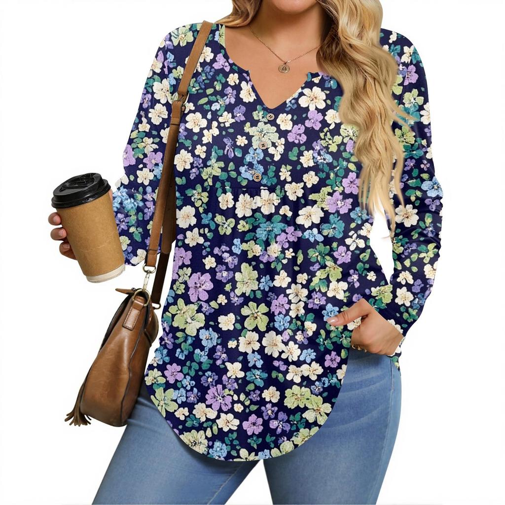 Womens Plus Size Long Sleeve Shirts  V Neck Tunic Tops Basic Loose Fit Tee Tops