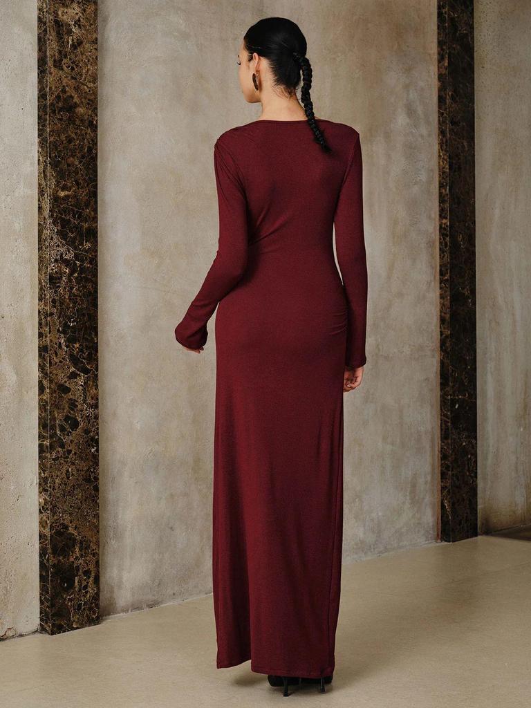 2025 Wine Red Slim Fit Knitted Long Dress with Metal Accents