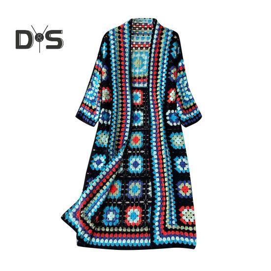 

Вязаный свитер-шаль с ажурными рукавами, вязаное пальто в стиле бохо, вышивка, вязаный крючком дизайн, свободный кардиган синий