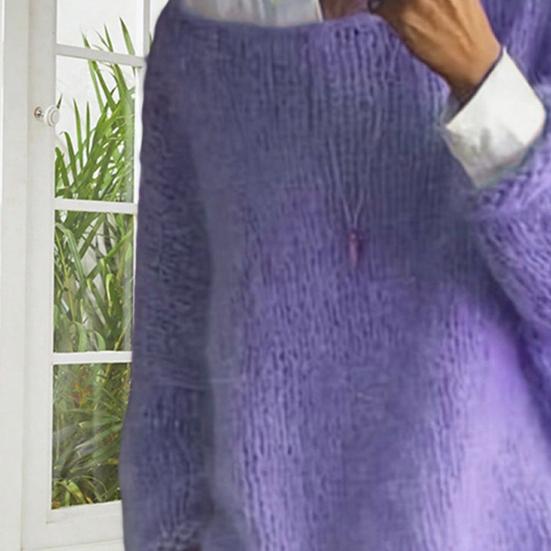 Women Sweater Round Neck Long Sleeve Loose Fit Knitting Tops Breathable Loose Hem Solid Color Knitwear