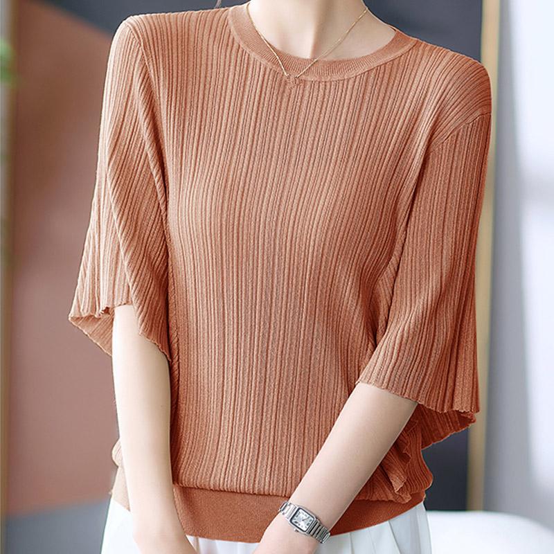 

Женские свитера, пуловеры 2025 Лето Короткий рукав О-образный вырез Вязаный свитер Женские топы Пуловер JJ171 One Size темно-оранжевого