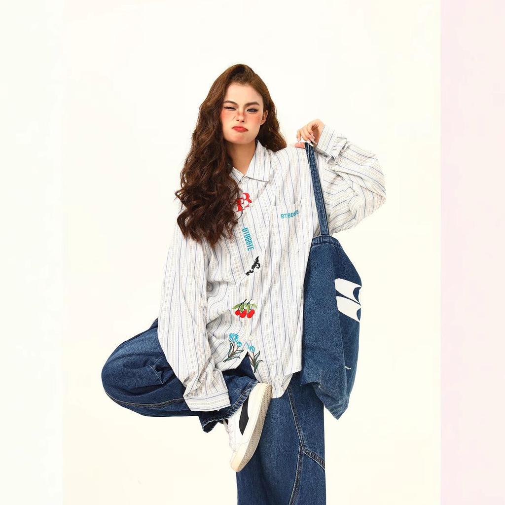 Unisex Trendy Loose-Fit Long Sleeve Butterfly & Flower Embroidery Shirt