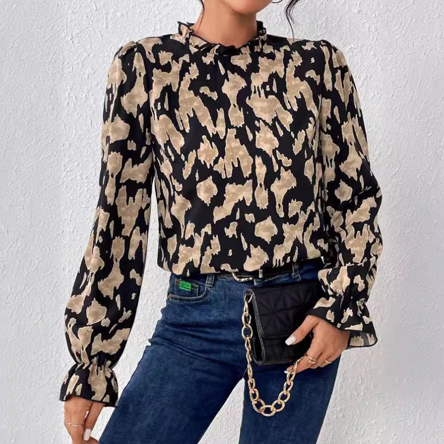 Damska, wiosenna, elegancka, drukowana bluzka z kołnierzykiem i rękawami w kształcie latarni