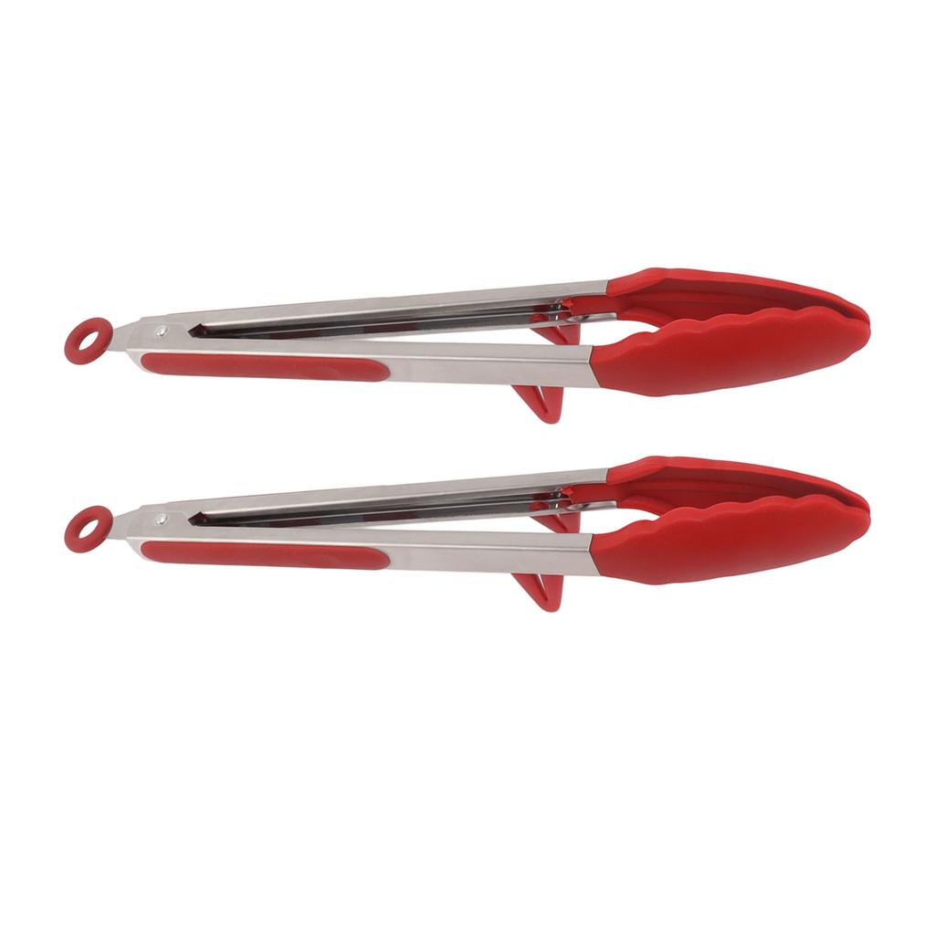 2pcs 12 Inch Kitchen Food Tongs Silicone Tip Long Stainless Steel Cooking Tong with Locking for Grilling BBQ Red