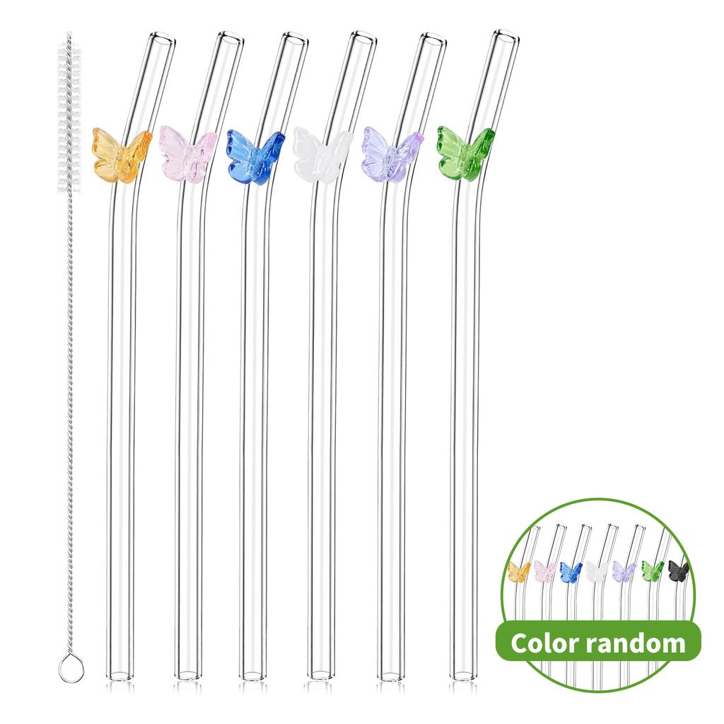 7PCS Reusable Bow Glass Straws, Cute Bow Glass Straw with  Cleaning Brush for Coffee Lover, Smoothies, Frozen Drinks, Tea, Juice