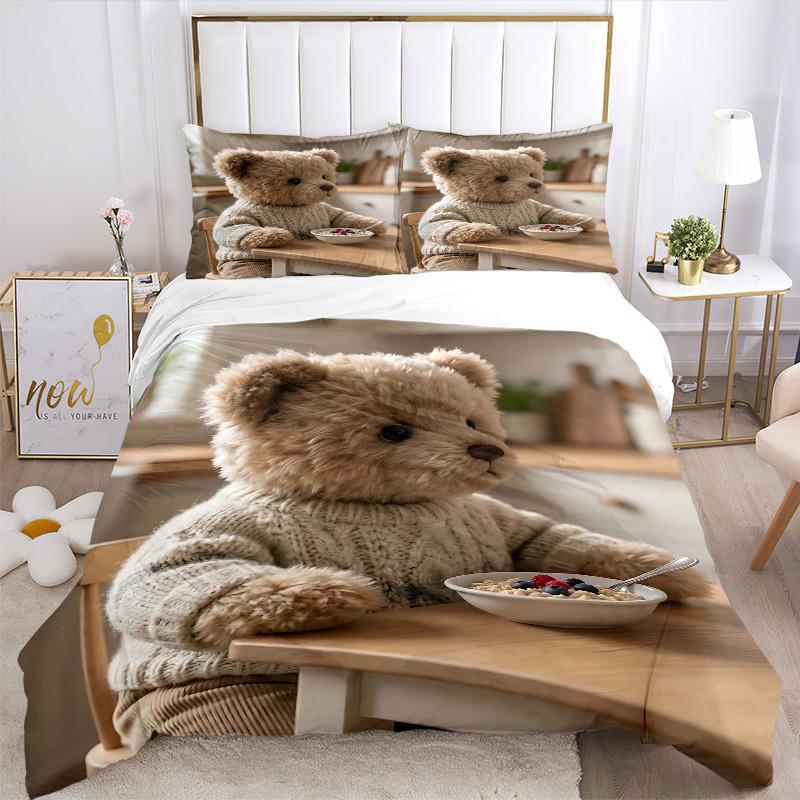 3pcs Anime Teddy Bear Bedding Set - Includes One Quilt Cover and Two Pillowcases (No Core) - Home Decor, Holiday Gift, Polyester Fabric, Ani