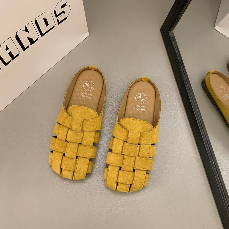 

Баотоу полутапочки женские летние для улицы 2025 новые ретро плетеные полые дышащие удобные на плоской подошве ленивые сандалии 35 жёлтый