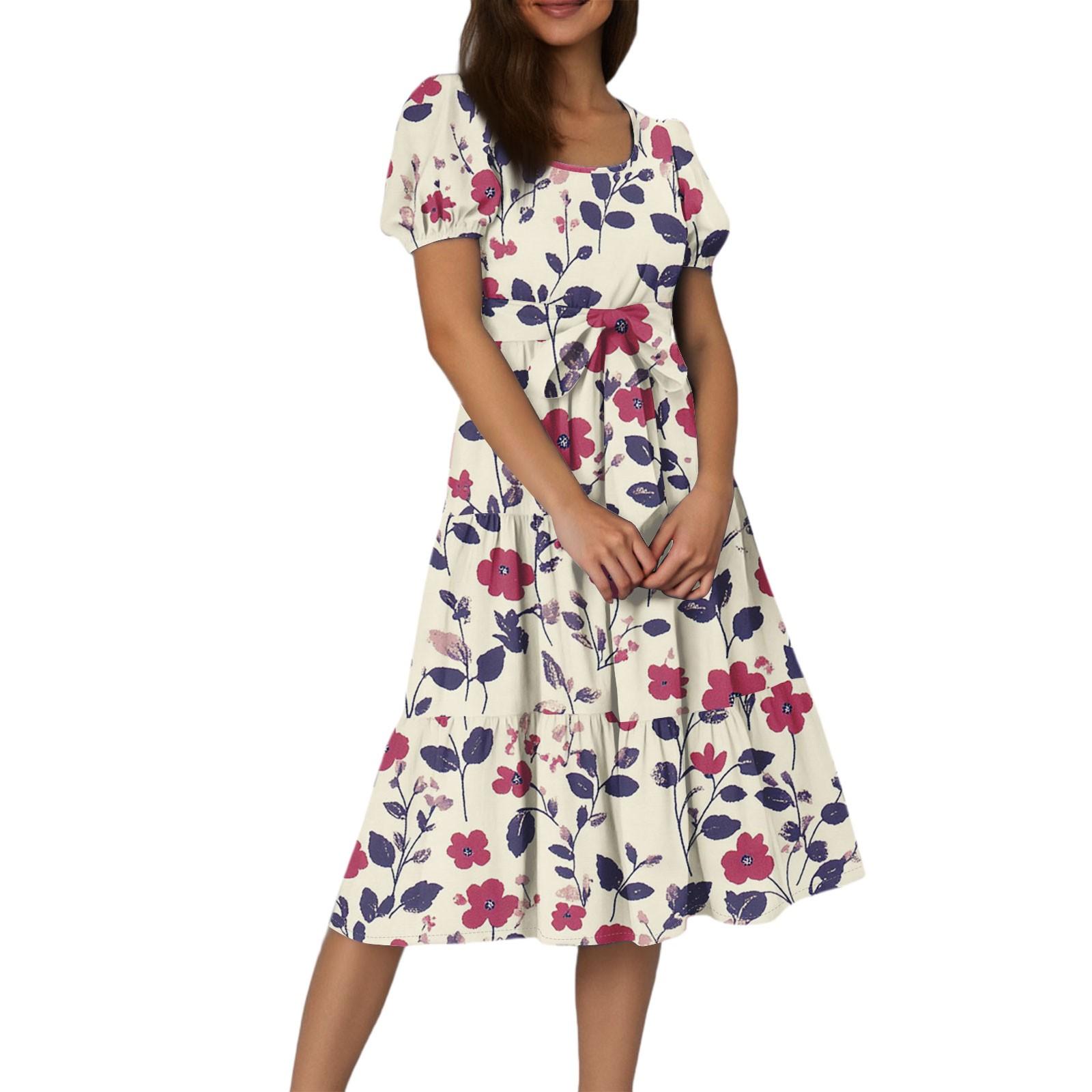 

Women s Summer Floral Print Short Sleeves Neck Waistband Bohemian Flowy Layered Maxi Dress With Pockets L бежевий