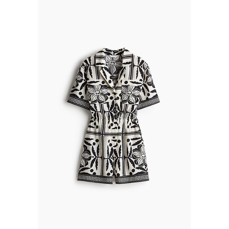 

Женская одежда HM Комбинезон 2025 Лето Новый Приталенный Принт Кубинский воротник Праздничный стиль Цельный Шорты 1282074 Cream/Black pattern 155/76 XXS