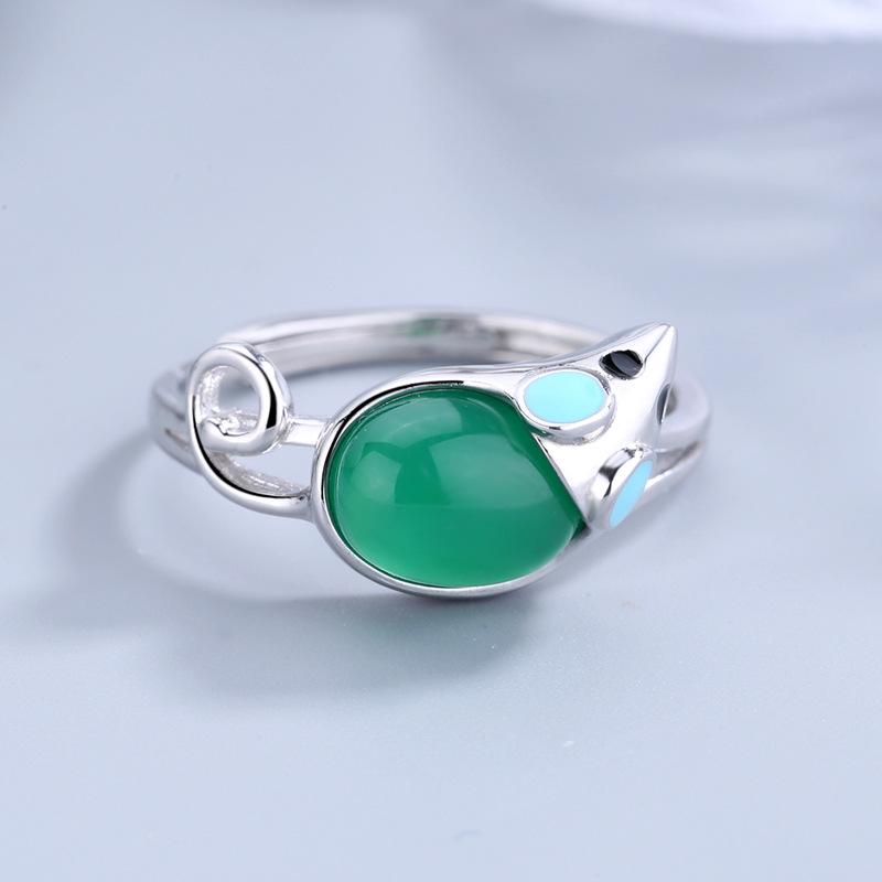 S925 Sterling Silver Zodiac Rat Chalcedony Open Ring Zodiac Year Ring Korean Jewelry