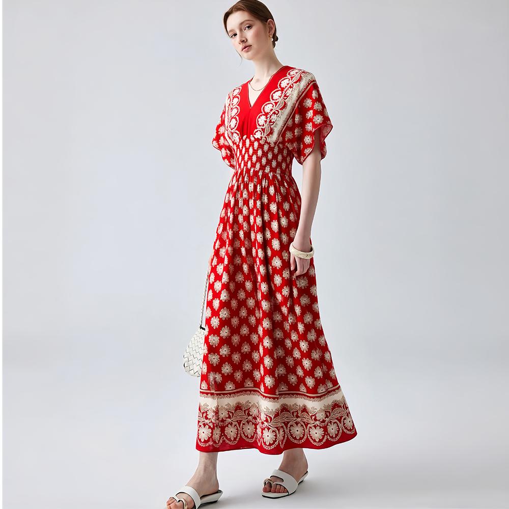 Bohemian-Style Cotton-Silk V-Neck Batwing Print Dress Summer Casual Vacation Beach Dress