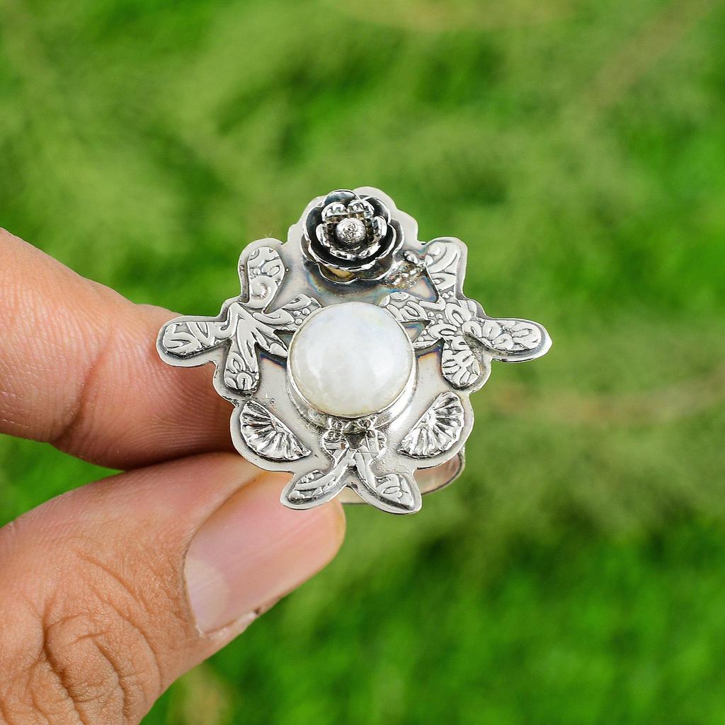 Gift For Her 925 Silver Natural Rainbow Moonstone Promise Flower Adjustable Ring