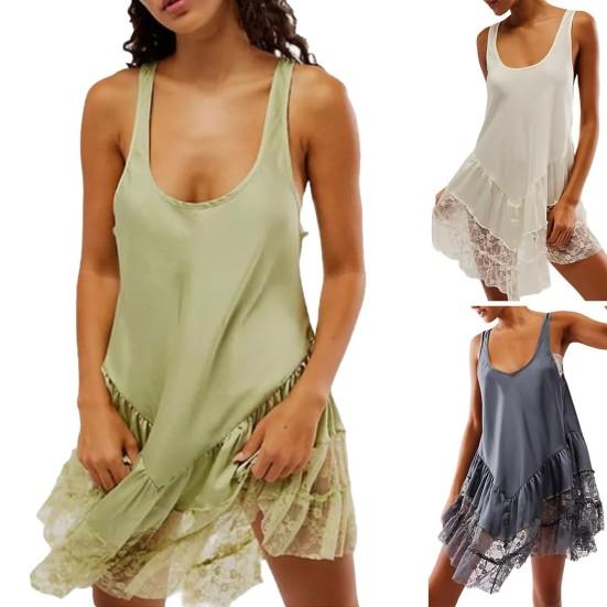 Damekjole Gjennomsiktig blonderpatchwork U-hals Plissert blomsterbroderi Løs ermeløs ensfarget damevestkjole