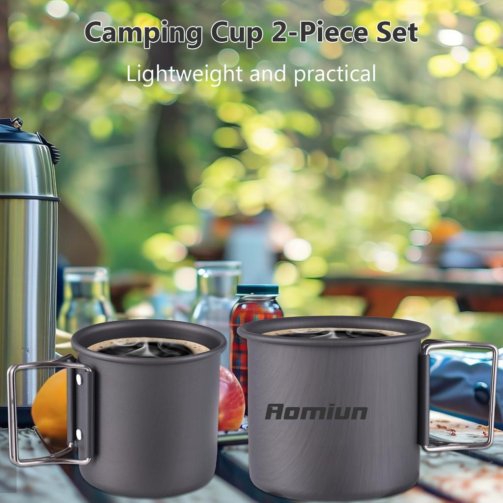 2 PCS Camping Cup Set Lightweight Aluminum Cup Set 450ml and 250ml Portable Foldable Handle Stackable Cup for Outdoor