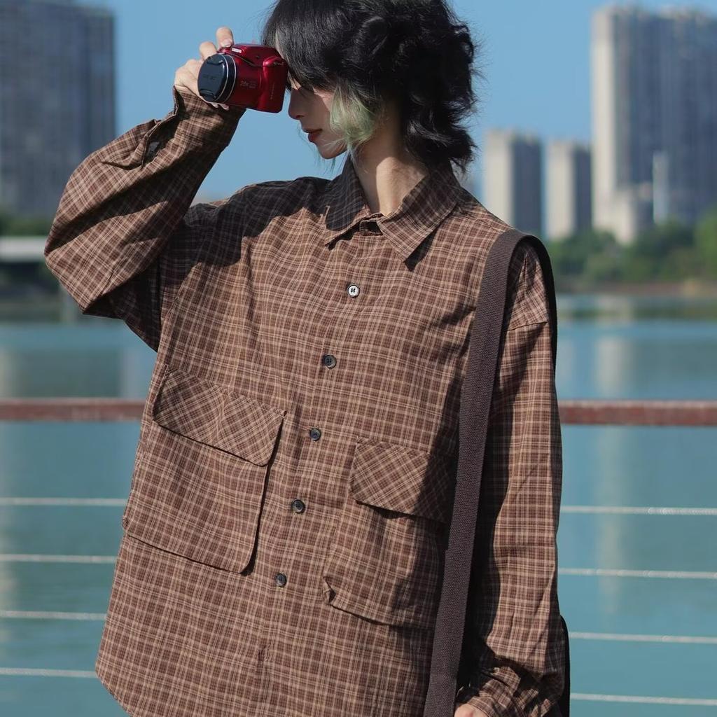 Boyue Qiyue Japanese Style Plaid Long-Sleeved Shirt Trendy All-Matching and Handsome Casual Ins Workwear with Pocket Coat for Men and Women