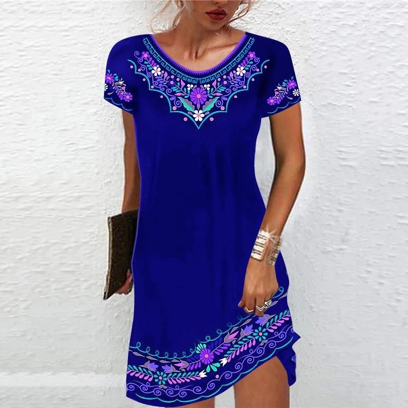 Fashion Women's Dress Summer Short Sleeve Casual Printed Party Dresses Loose Round Neck Pullover Elegant Dress
