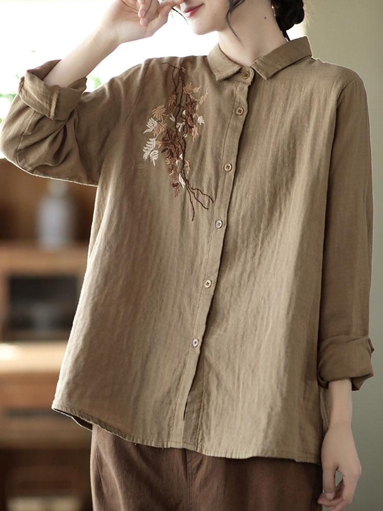 Johnature Women Vintage Embroidered Cotton Blended Shirt Turndown Collar Casual Long Sleeve Blouse Spring Loose Shirts