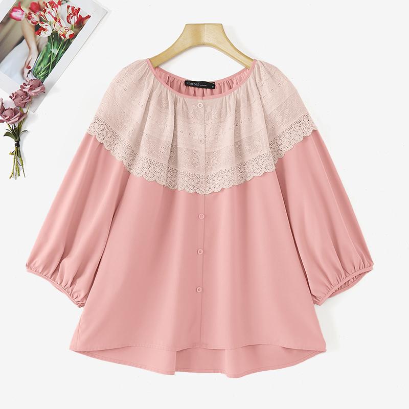 

ZANZEA Женские летние кружевные рубашки с круглым вырезом и рукавом 3/4 M