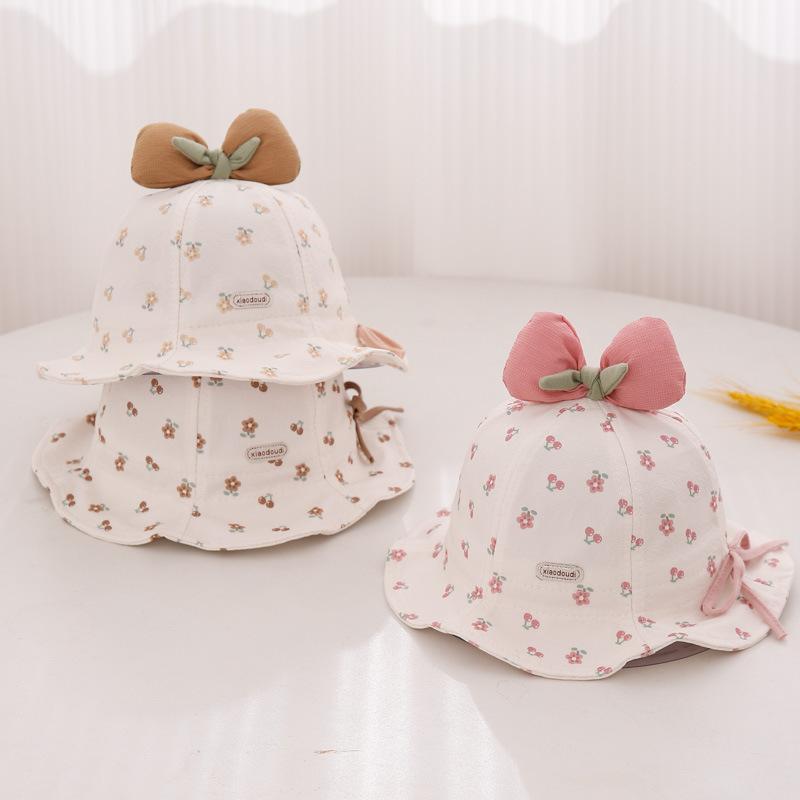 Cute Bow Baby Girl Bucket Hat Sweet Flower Cherry Print Cotton Newborn Infant Fisherman Cap Drawstring Adjustable Toddler Sun Hats
