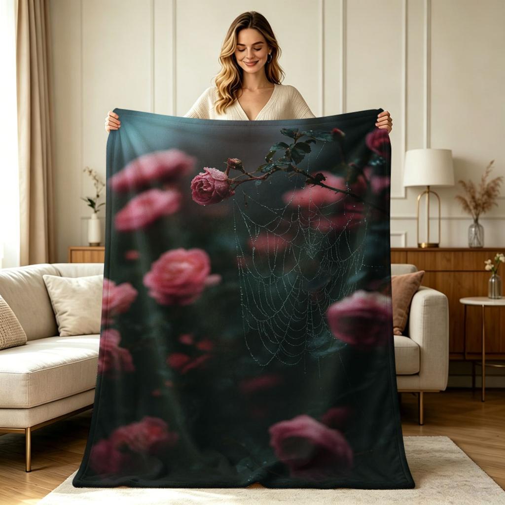 Soft Flannel Blanket with Moody Pink Rose And Dewy Spider Web Print All Season Warm Cozy Throw Blanket for Sofa Couch Bed Living Room Bedroom Home Dec