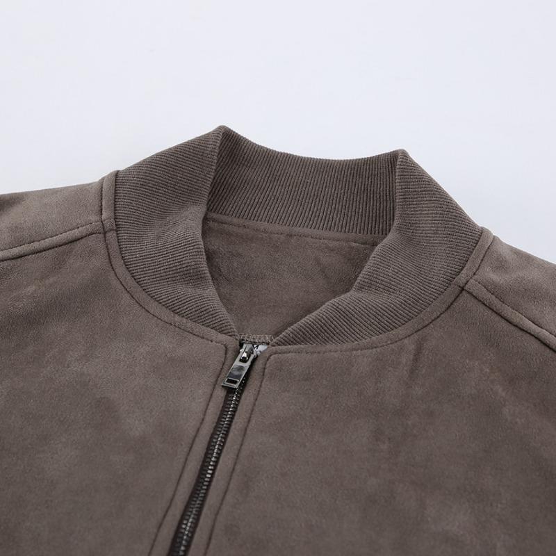 Giacca Bomber da Pilota da Donna Grigia Vintage con Collo Alto, Manica Lunga, Zip, in Pelle Scamosciata